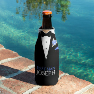 Best man tuxedo blue rose button custom name bottle cooler