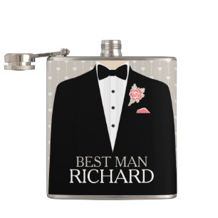Best man tuxedo coral button named hip flask