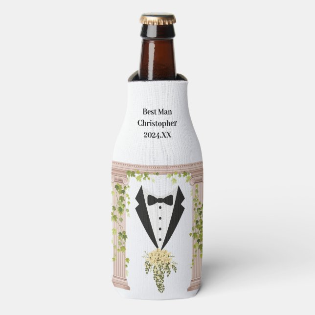 Best Man Tuxedo flora Wedding arch Bridal Party  Bottle Cooler (Bottle Front)