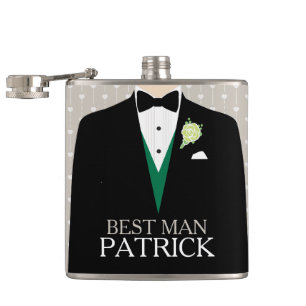 Best man tuxedo green rose button named hip flask