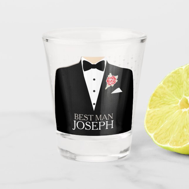 Best man tuxedo red rose button custom name shot glass (Front)