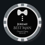 Best Man Wedding Favour Cute White Bow Tie Tuxedo Poker Chips<br><div class="desc">These poker chips are designed as a gift or favour for your best man. They feature a fun tuxedo design with a white bow tie and buttons on a black background. The text reads "Best Man" with his name, the names of the couple, and the wedding date. Great way to...</div>