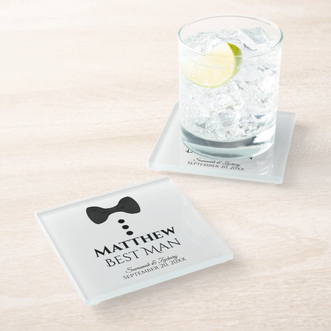 Best Man Wedding Favour Fun Mock Tuxedo Black Tie Glass Coaster (Angled)