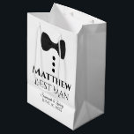 Best Man Wedding Gift Bag with Black Tie<br><div class="desc">This gift bag is designed for your Best Man. The design features black text and a black tie with buttons on a white background. Includes a space for his name as well as the name of the couple and the wedding date. Fill with gifts, favours, candy, booze, or any other...</div>