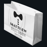 Best Man Wedding Gift Bag with Black Tie - Large<br><div class="desc">This gift bag is designed for your Best Man. The design features black text and a black tie with buttons on a white background. Includes a space for his name as well as the name of the couple and the wedding date. Fill with gifts, favours, candy, booze, or any other...</div>
