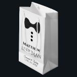 Best Man Wedding Gift Bag with Black Tie - Small<br><div class="desc">This gift bag is designed for your Best Man. The design features black text and a black tie with buttons on a white background. Includes a space for his name as well as the name of the couple and the wedding date. Fill with gifts, favours, candy, booze, or any other...</div>
