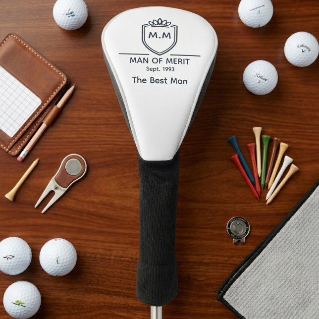 Best Man Wedding Monogram Initials Man Of Merit Golf Head Cover (Best Man Golf Club Cover on Table.)