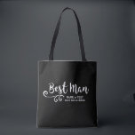 Best Man Wedding Tote Bag | Cool Modern Script<br><div class="desc">Your Best Man will love this personalised tote bag! Double-sided with a fun trendy white script font and swirl, the bag also features two lines of custom text - add the Best Man's name, wedding date, location, etc. Change the background colour to match your wedding colours - just click on...</div>