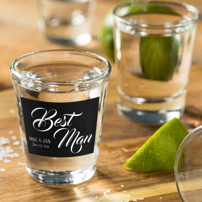 Best Man White Script on Black Shot Glass (In Situ)