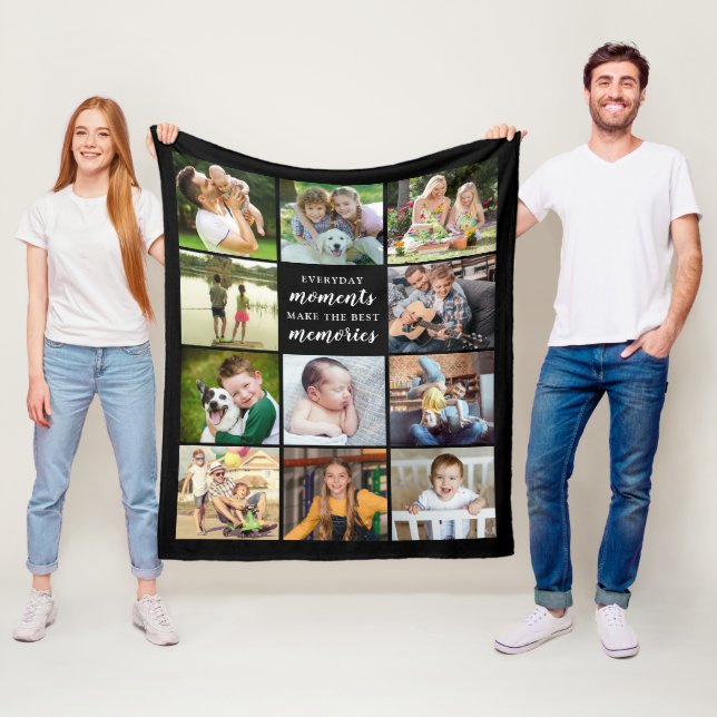 Best Memories Quote 11 Photo Collage Black Fleece Blanket (In Situ)