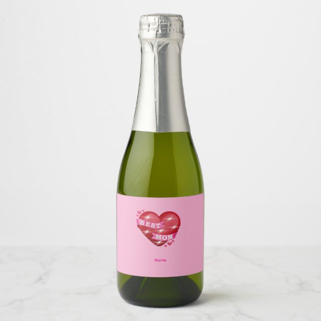 Best Mom 3D Glossy Red Heart Mother's Day Gif Sparkling Wine Label (Front)