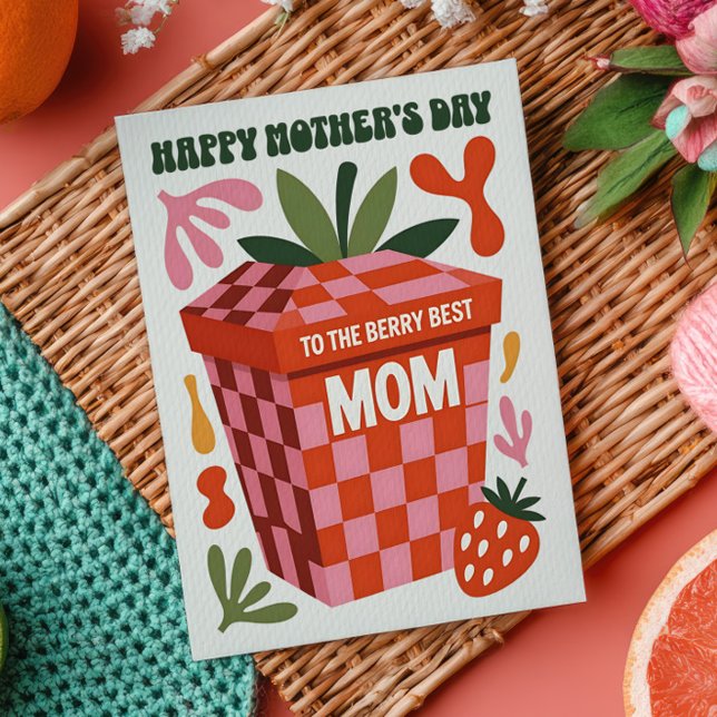 Best Mom Berry Pun Strawberry Retro Mother's Day  Postcard (Creator Uploaded)