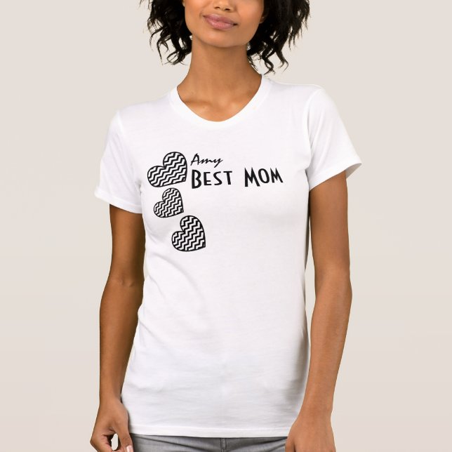 BEST MOM Custom Name Patterned Hearts T-Shirt (Front)