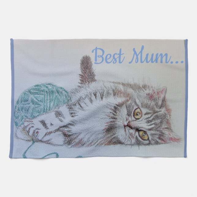 Best Mom Cute Cat drawing Art Kitchen Tea Towel (Horizontal)