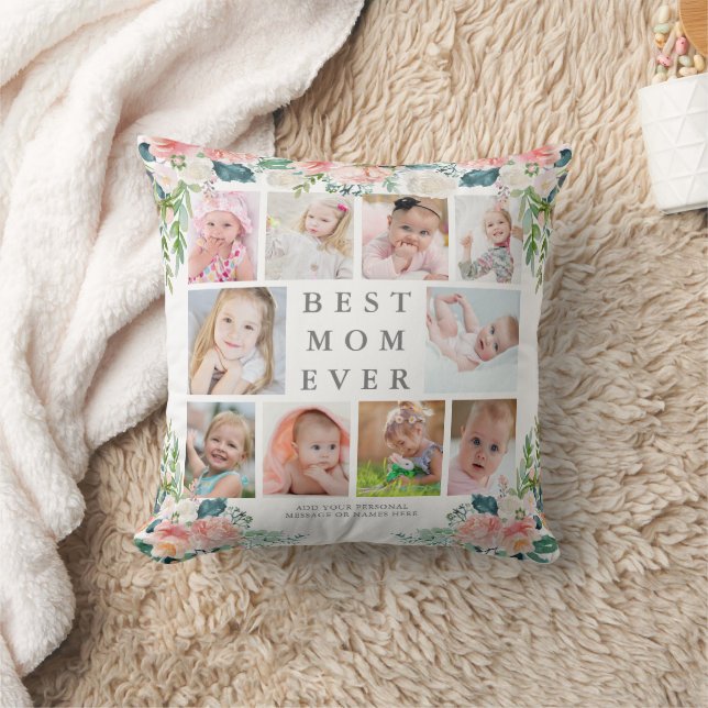 BEST MOM EVER 10 Photo Collage Floral Custom Text Cushion (Blanket)
