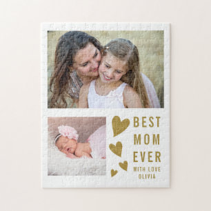 Best Mom Ever 2 Photo Collage White And Gold Jigsaw Puzzle