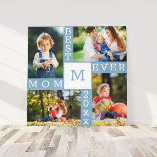 Best Mom Ever 4 Photo Collage Blue White Square Canvas Print
