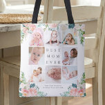 BEST MOM EVER 8 Photo Collage Floral Custom Text Tote Bag<br><div class="desc">Create a photo memory tote bag for the BEST MOM EVER utilising this easy-to-upload photo collage template with 8 pictures accented with watercolor blush pink, white and rose coloured peony flowers and grey editable text on your choice of background colours. The design is duplicated on both sides. ASSISTANCE: For help...</div>