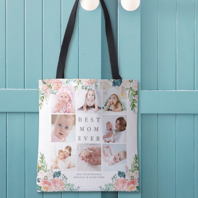 BEST MOM EVER 8 Photo Collage Floral Custom Text Tote Bag (Creator Uploaded)