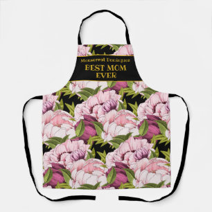 Best Mom Ever Black Gold Name Pink Peony Floral Apron
