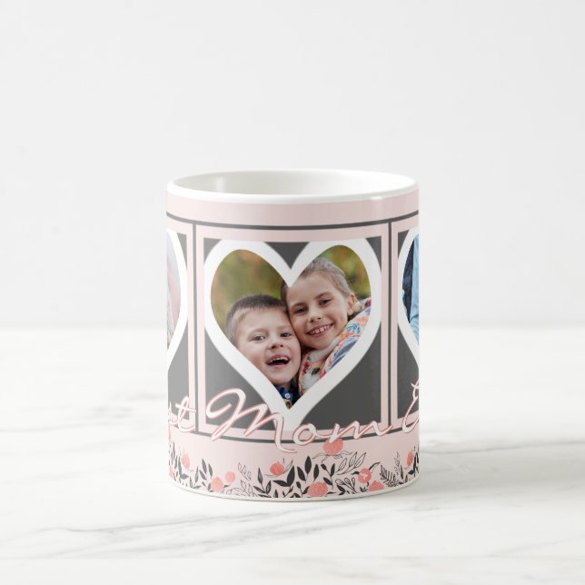 BEST MOM EVER Blush Pink Floral Photo Grey Hearts Coffee Mug (Center)