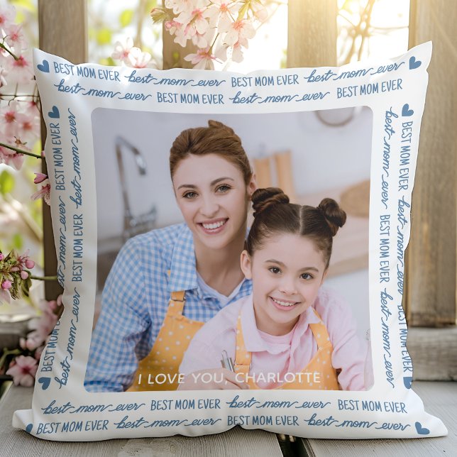 Best MOM Ever Cute Modern Photo Blue Mother's Day Cushion (Creator Uploaded)