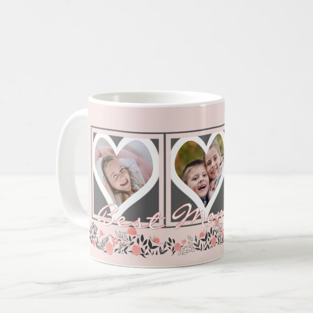 BEST MOM EVER Floral Heart 3 Photos Pink Grey Coffee Mug (Front Left)