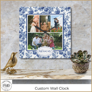Best Mom Ever Four Photo Vintage Floral Blue Toile Square Wall Clock
