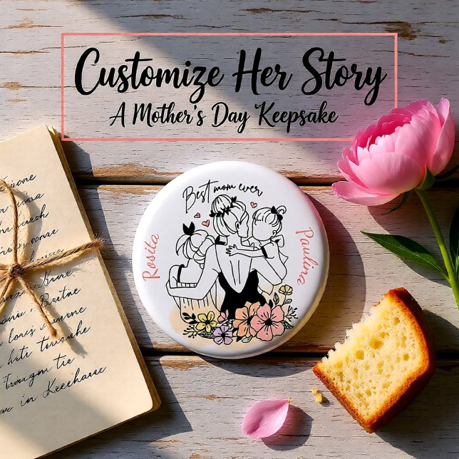 Best Mom ever mum, children and flowers custom 3 Cm Round Badge (Best Mom Ever Floral Mother & Kids Love Button)