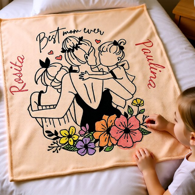 Best Mom ever mum, children and flowers custom Fleece Blanket (Best Mom Ever Custom Mother & Children Floral Fleece Blanket)