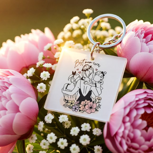 Best Mom ever mum, children and flowers  Key Ring (Best Mom Ever Floral Mother & Kids Illustration Keychain)