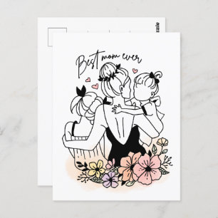 Best Mom ever mum, children/ flowers postcard