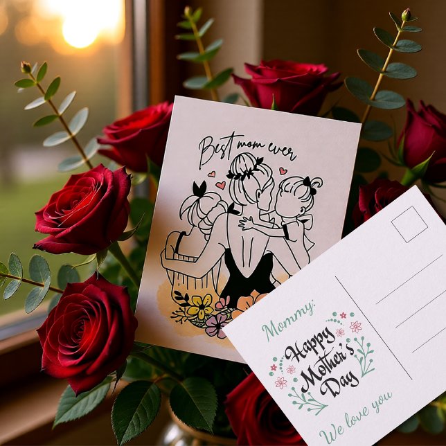 Best Mom ever mum, children/ flowers postcard (Best Mom Ever Floral Mother’s Day Postcard)