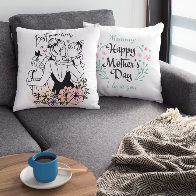 Best Mom ever mum, custom children and flowers  Cushion (Best Mom ever mum, custom children and flowers Throw Pillow)