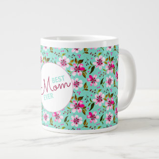 Best Mom Ever Personalized Aqua and Pink Floral Large Coffee Mug