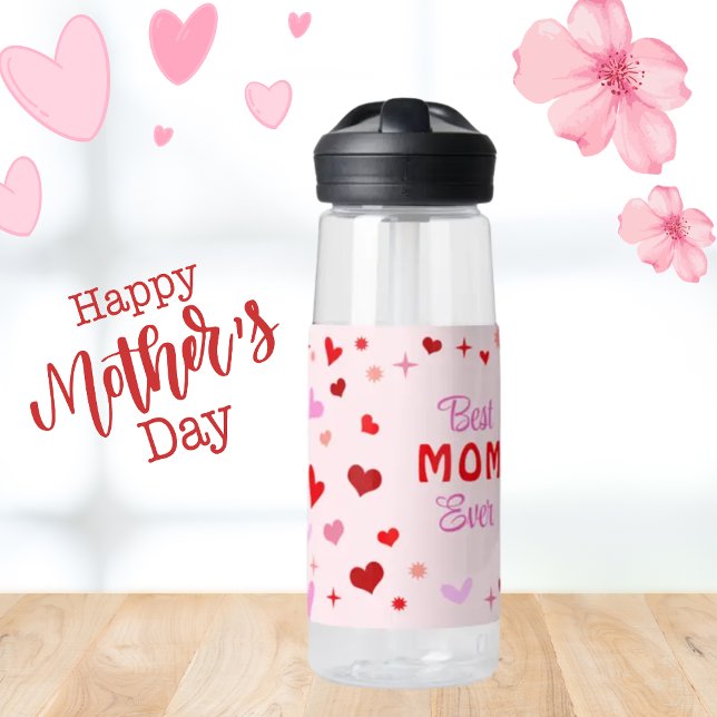 Best MOM Ever - Pink background Red Hearts & Stars Water Bottle (Creator Uploaded)