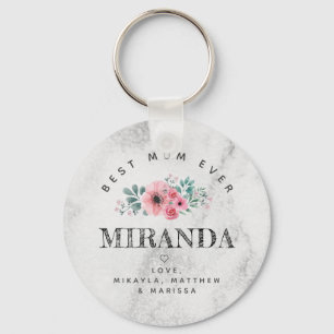 Best Mom Ever pink flowers marble background Key Ring