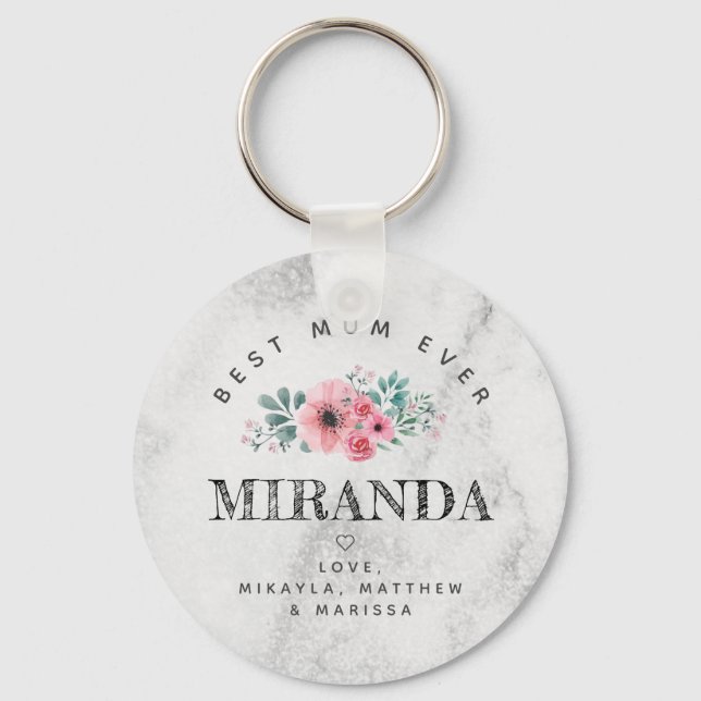 Best Mom Ever pink flowers marble background Key Ring (Front)