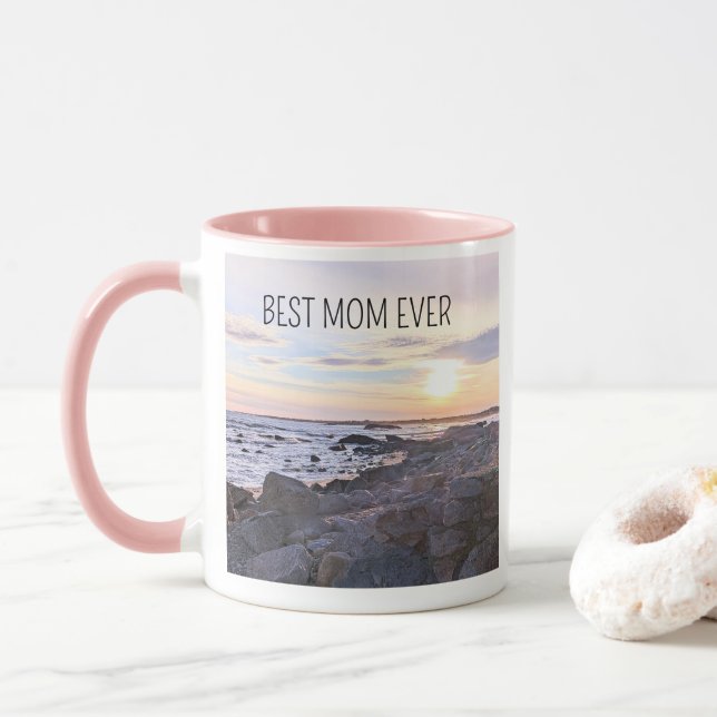 Best Mom Ever Sunset Photo Love You Heart Pink Mug (With Donut)