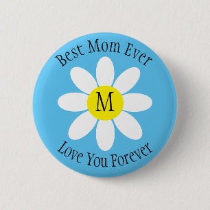 Best Mom Ever White Daisy Sky Blue Single Initial 6 Cm Round Badge