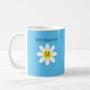 Best Mom Ever White Daisy Sky Blue Single Initial Coffee Mug