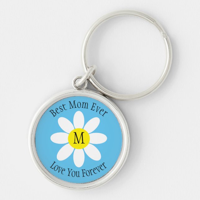 Best Mom Ever White Daisy Sky Blue Single Initial Key Ring (Front)