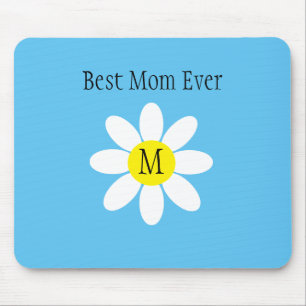 Best Mom Ever White Daisy Sky Blue Single Initial Mouse Mat