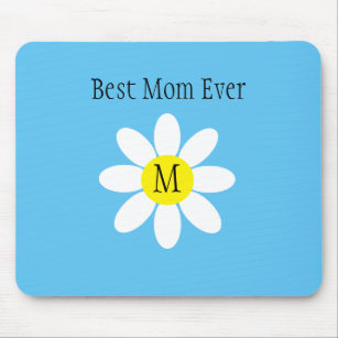 Best Mom Ever White Daisy Sky Blue Single Initial  Mouse Mat