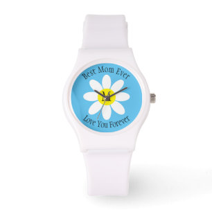 Best Mom Ever White Daisy Sky Blue Single Initial Watch