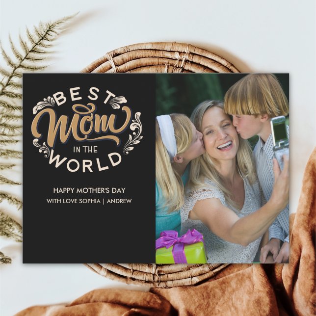 Best Mom in the World Scrip Photo Mom Black Thank You Card (Creator Uploaded)