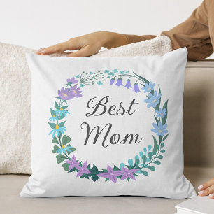 Best Mom Mother Floral Bluebells Greenery Wreath Cushion