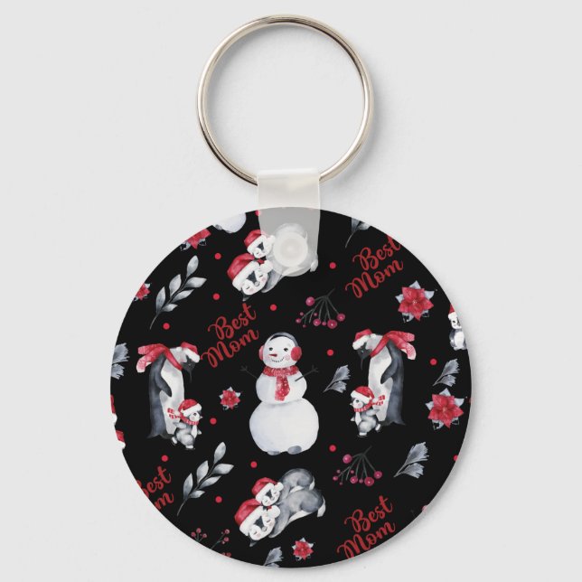 Best Mom Penguin Christmas pattern Key Ring (Front)