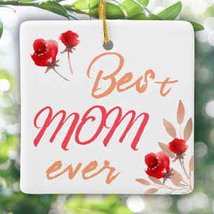Best Mom Red Roses Watercolor Mother Ceramic Ornament
