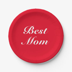 Best Mom red white classic script elegant chic Paper Plate